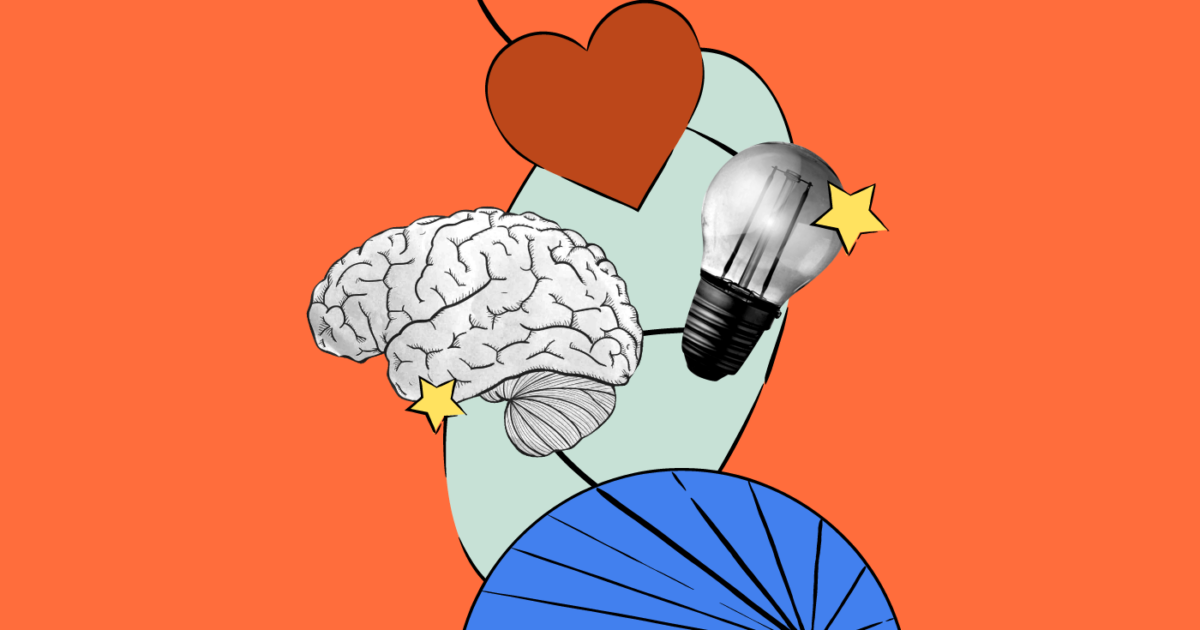 Emotional Intelligence illustration with brain, heart, and lightbulb